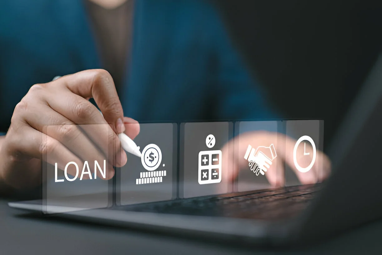 Person using stylus for digital loan and finance icons on laptop screen
