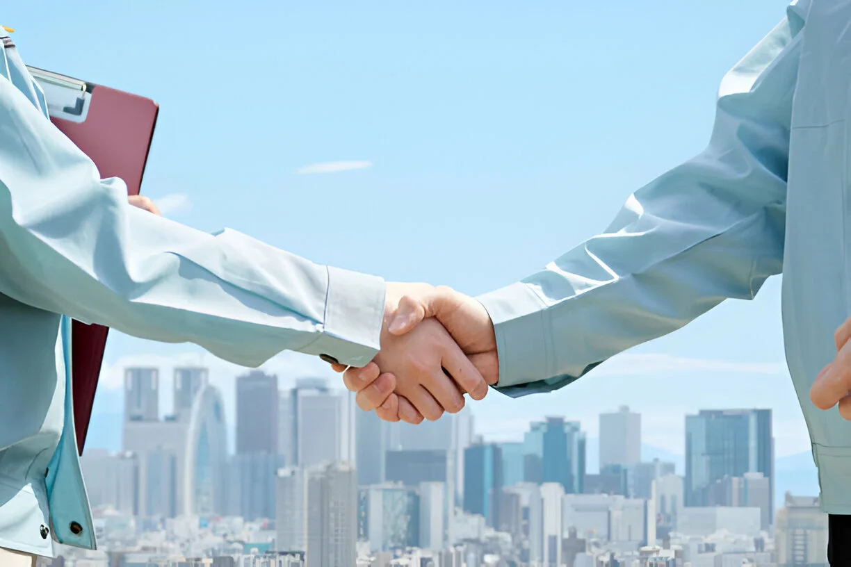 Two people shaking hands with a city skyline in the background.
