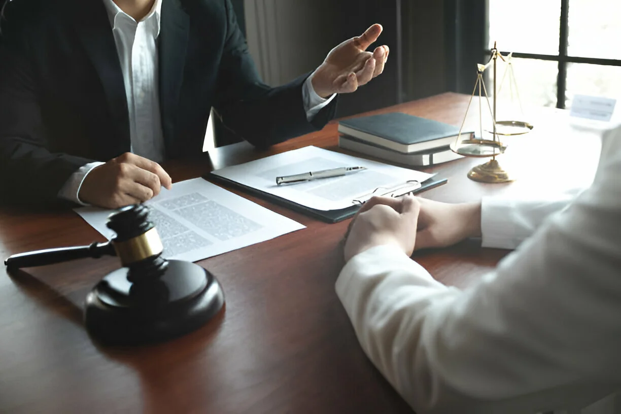 Two people discussing legal documents with a gavel and scales on the desk.
