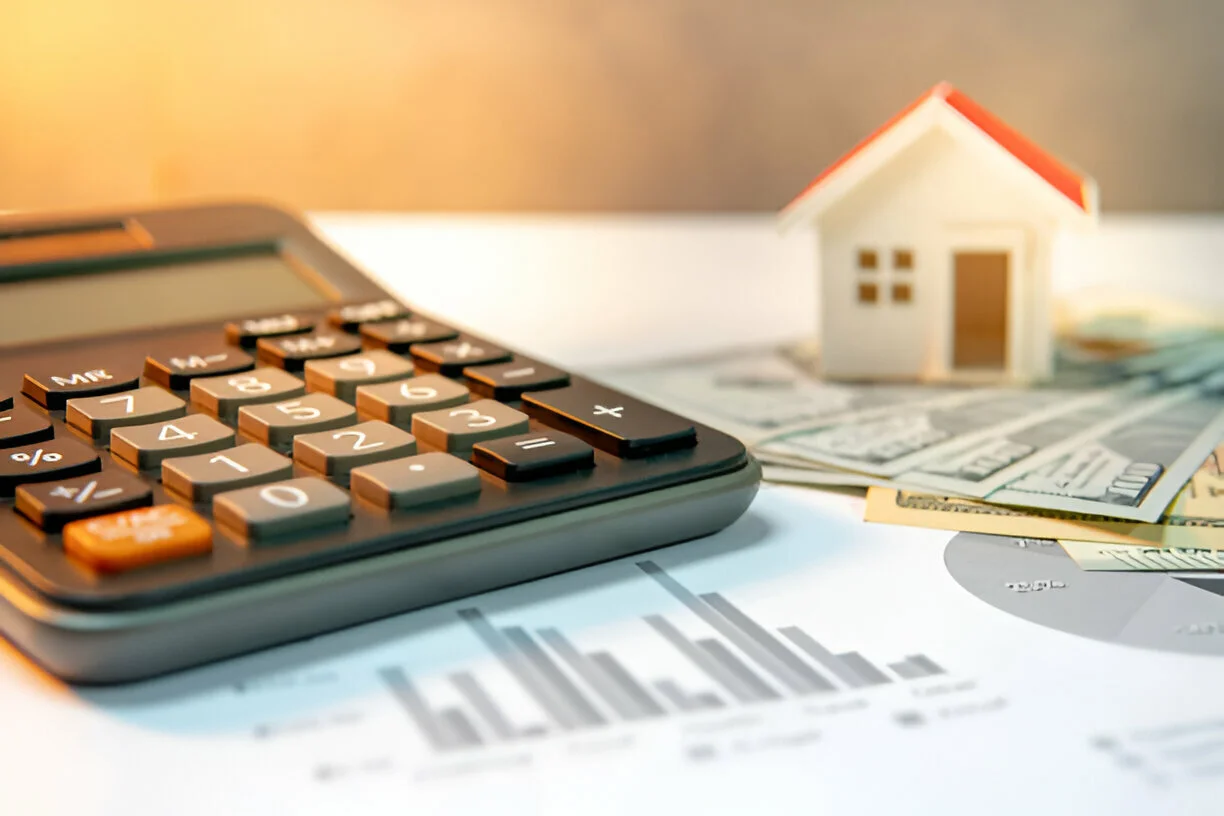 Calculator, house model, money, and financial charts for mortgage calculation.