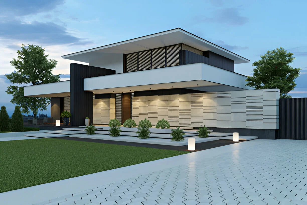 Contemporary two-story house with sleek architecture, landscaped yard, and outdoor lighting.