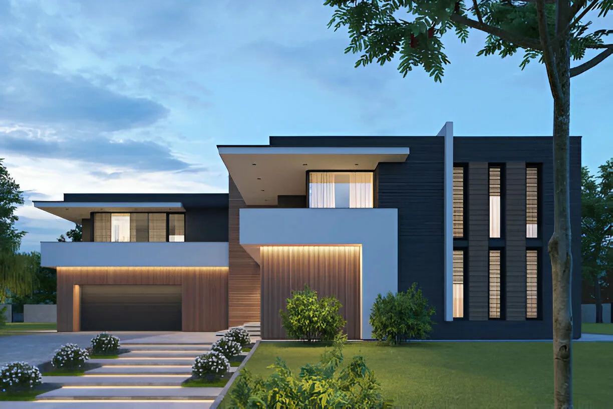 Contemporary two-story house with sleek architecture, large windows, and landscaped front yard.