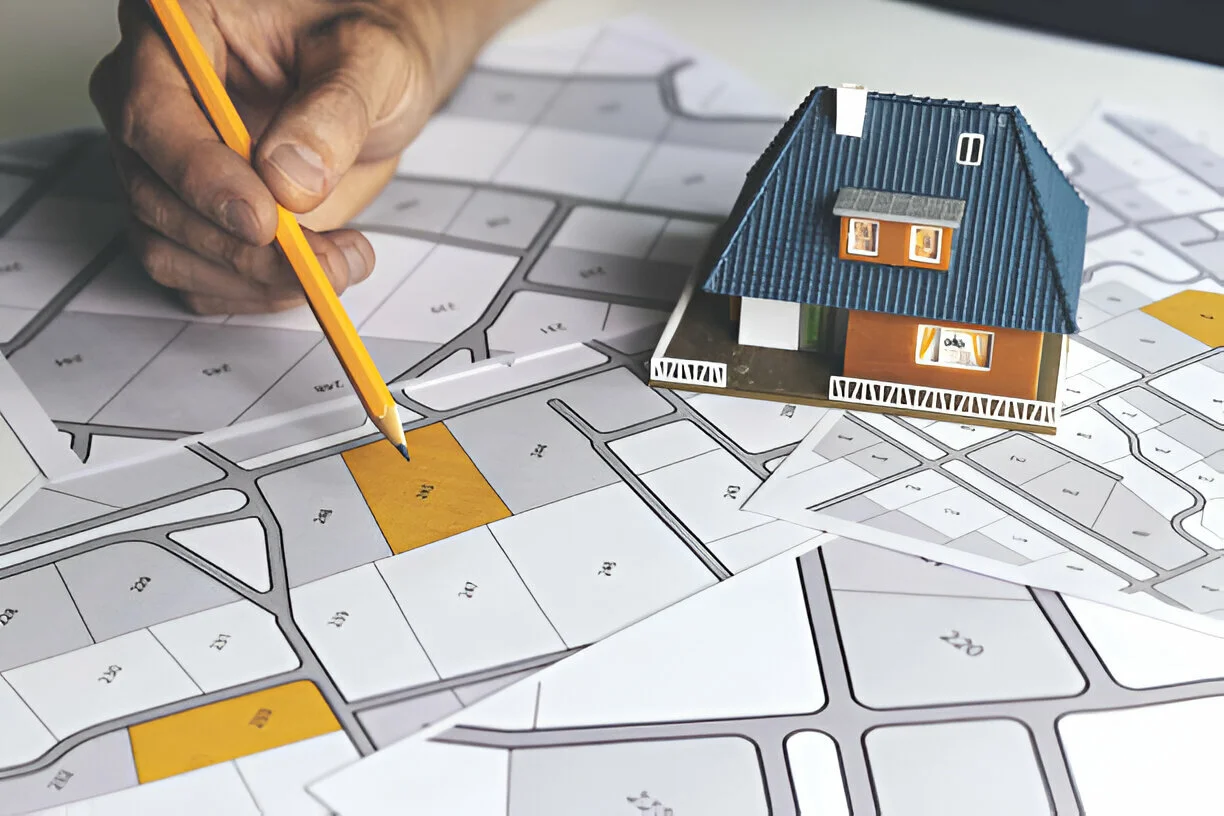 Hand with pencil marking land plot on map with a house model nearby.